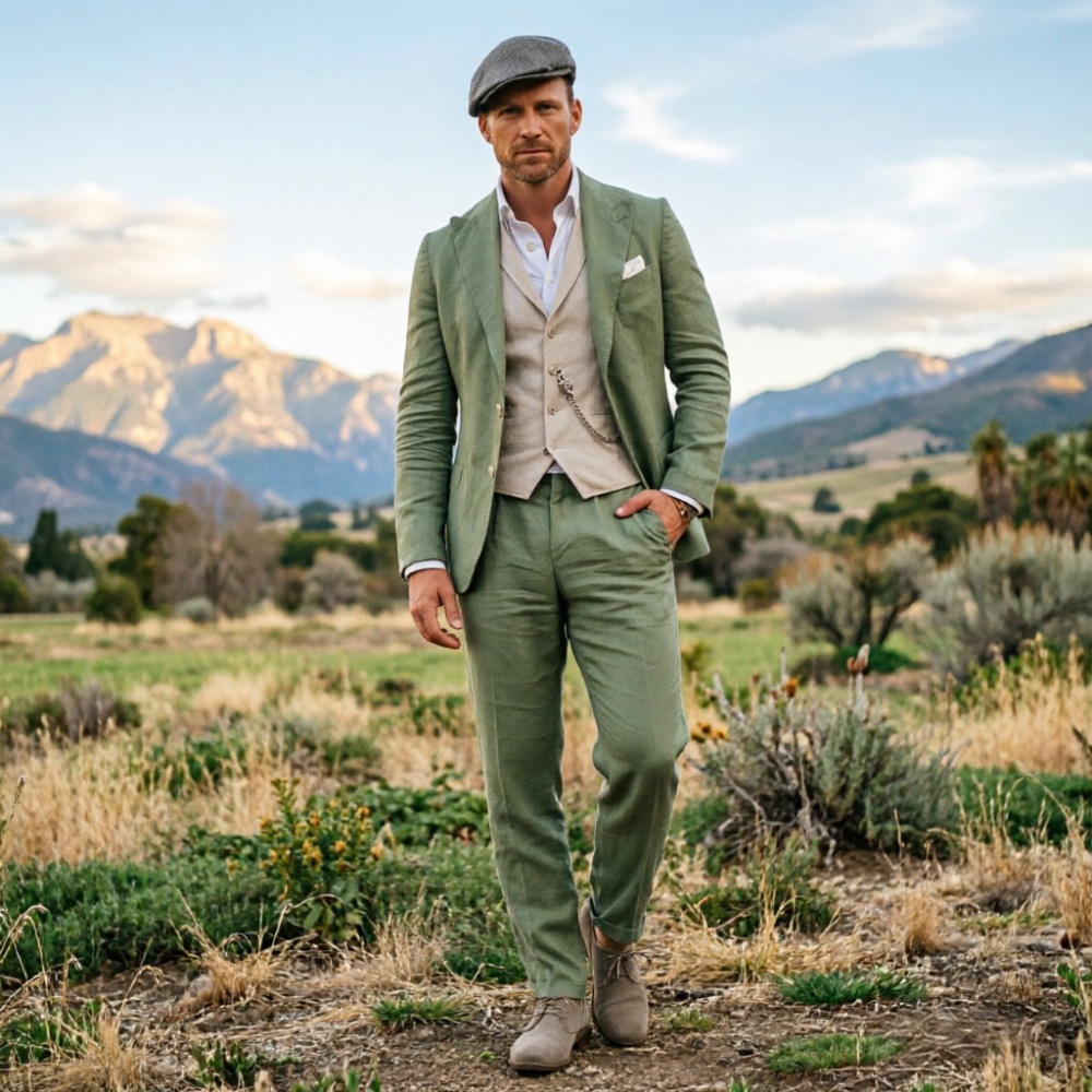 Men Formal Wear Green - Completo da uomo in lino verde